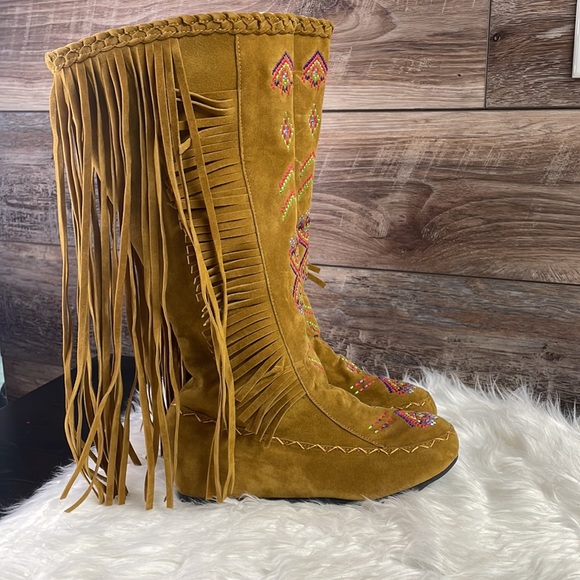 Ladies Moccasin Knee High Suede Wide Calf Leg Boots, Tan, - Picture 2 of 13